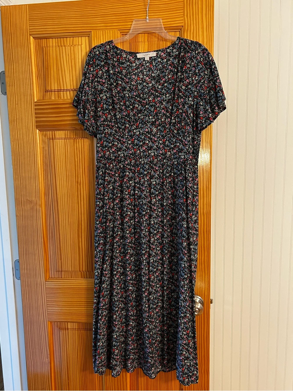 LOFT Black Midi Dress with Pink & Blue Floral Print